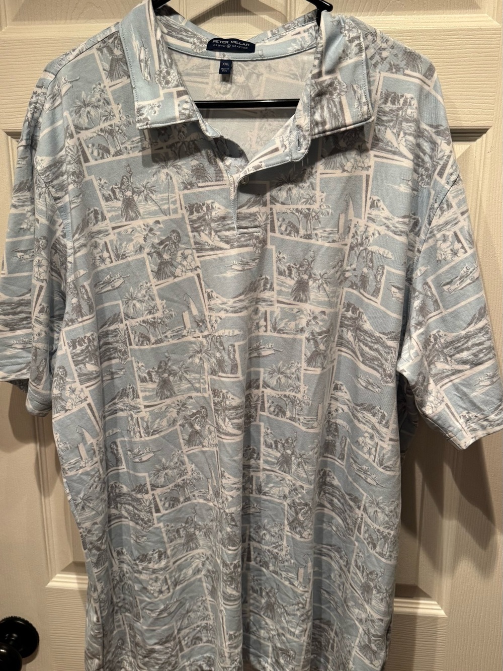 Men’s Peter Millar Blue Tropical Luau Hulu Girl Print Crown Crafted Polo XXL